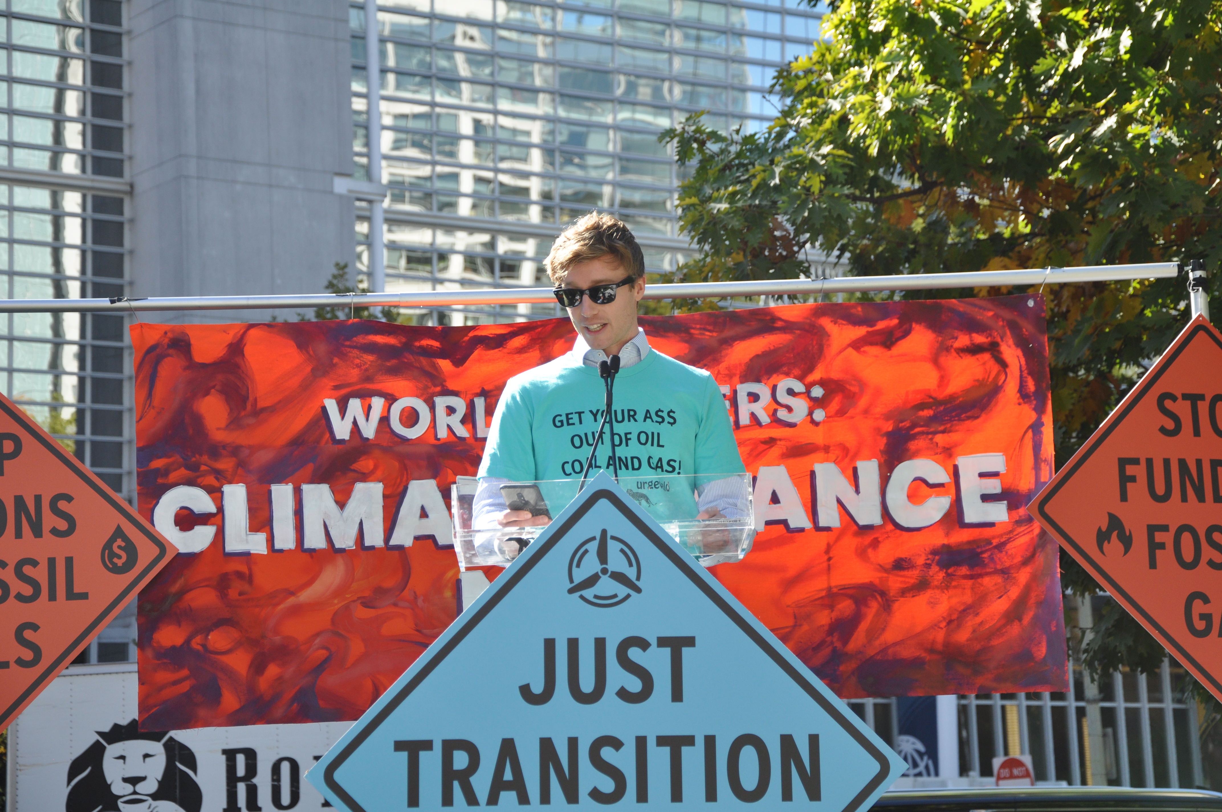 Jannis Perzlmeier holds a speech during World Bank Action Day in DC, October 2024