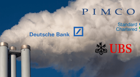 Rauchender Schlot mit Logos von Banken und Investoren